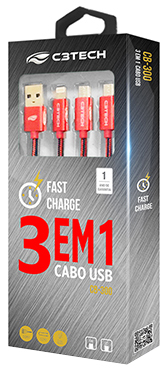 Cabo USB 2 micro-USB 1 Lightning C3Tech CB-300RD 1,2m