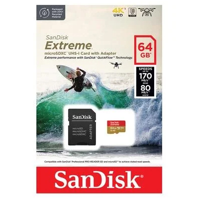 Memory Card 64GB Sandisk SDSQXAH-064G Extreme microSDXC UHS-I 170MBps